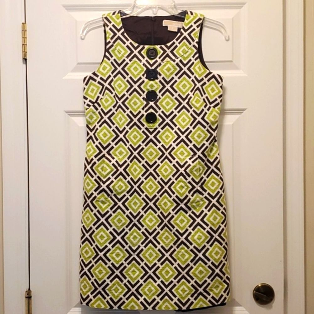 MICHAEL KORS GEOMETRIC COTTON BROWN LIME GREEN CREAM SHEATH DRESS POCKETS SZ 6